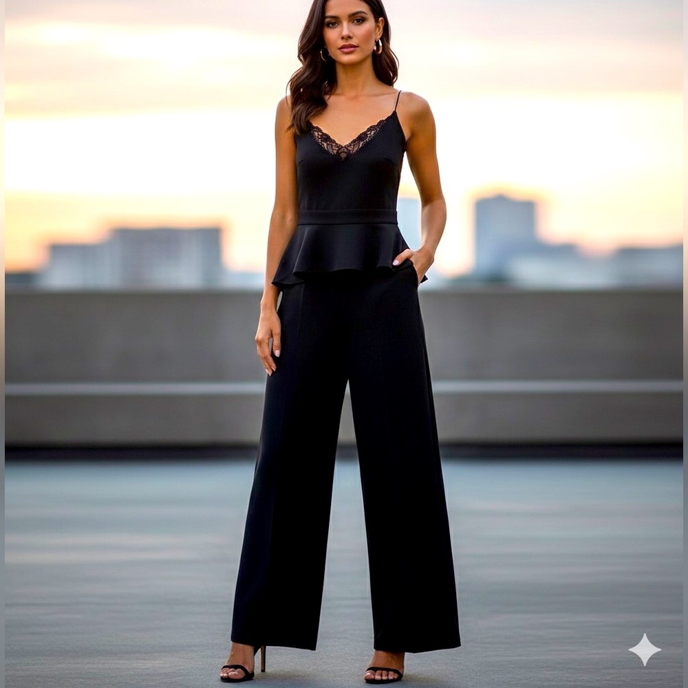 SPORTMAX Max Mara Elegant Black Peplum Wide Leg Crepe Jumpsuit made in Italy